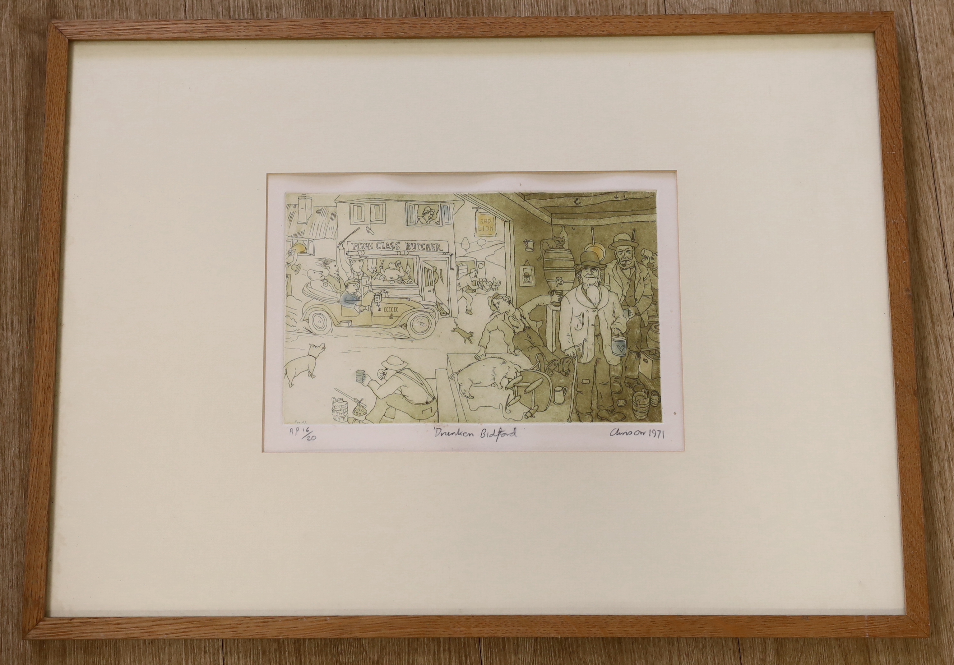 Chris Orr (b.1943), coloured etching, 'Drunken Bidford', signed and dated 1971, 16/20, 16.5 x 27cm